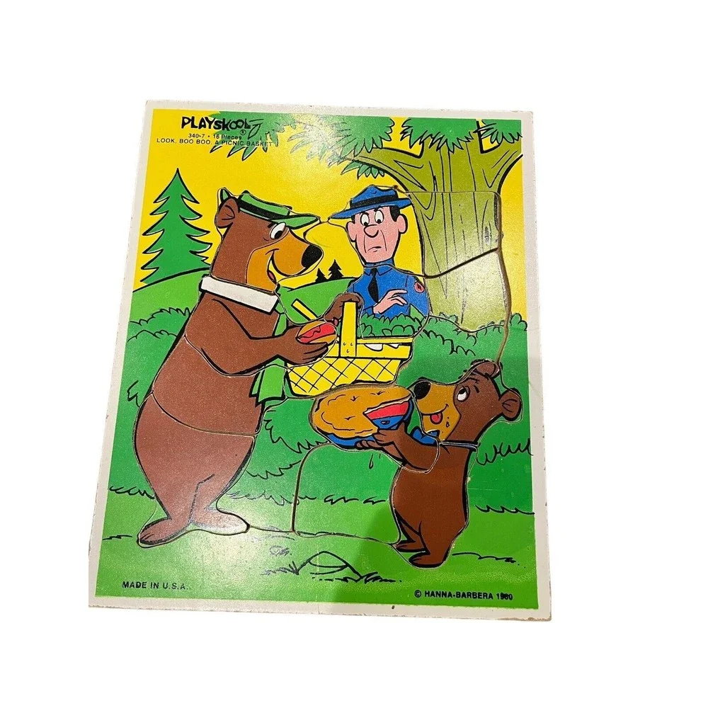 2 set Vintage 1980 Wooden Tray Puzzles Yogi Bear Boo Boo Fantasia Mickey Disney